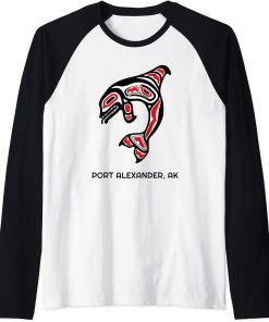 Port Alexander Alaska Native American Orca Killer Whales Raglan Baseball Tee