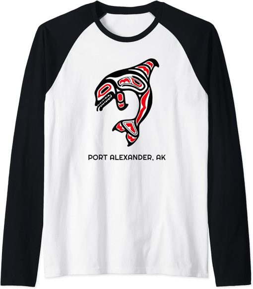 Port Alexander Alaska Native American Orca Killer Whales Raglan Baseball Tee